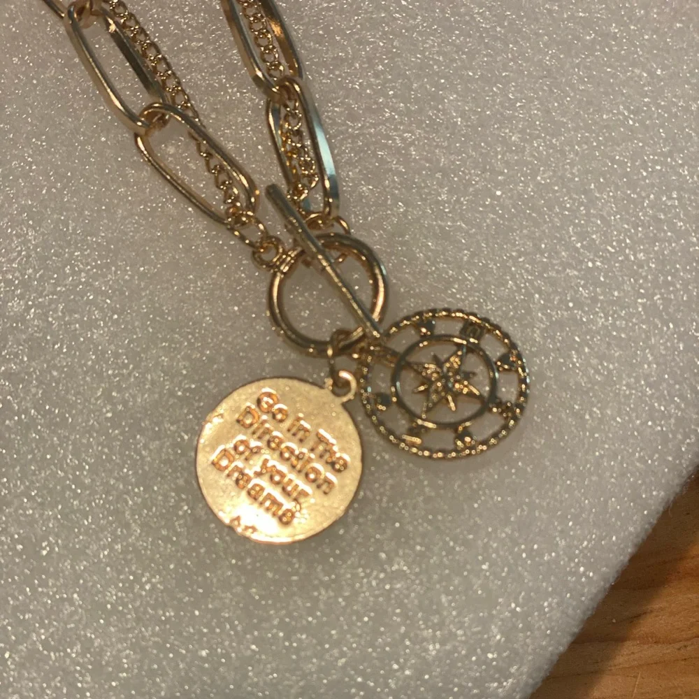 Golden Layered Paperclip Chain, Toggle Clasp, Compass Pendant, Engraved Quote!